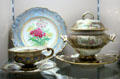 Ironstone serving dishes painted with flowers & gilded by Charles Meigh & Sons of Hanley, Staffordshire at Potteries Museum & Art Gallery. Hanley, Stoke-on-Trent, England.