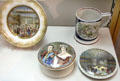 Souvenir Great Exhibition items color printed with Crystal Palace or Victoria & Albert images by several Staffordshire firms at Potteries Museum & Art Gallery. Hanley, Stoke-on-Trent, England.