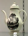 Creamware coffee pot printed with couple having tea in garden prob. from Staffordshire at Potteries Museum & Art Gallery. Hanley, Stoke-on-Trent, England.