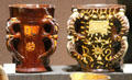 Tyg by John Livermor of Wrotham, Kent & slip decorated Tyg by Henry Ifield of Wrotham, Kent at Potteries Museum & Art Gallery. Hanley, Stoke-on-Trent, England.
