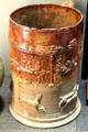 Tankard with applied decoration images after Hogarth by Francis Salt made in Fulham, London at Potteries Museum & Art Gallery. Hanley, Stoke-on-Trent, England.