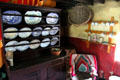 Kitchen sideboard with porcelain plates in Coshkib Hill Farm at Ulster Folk Park. Belfast, Northern Ireland.