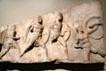Frieze of shield carrying foot soldiers on pediment of Nereid Monument at British Museum. London, United Kingdom.