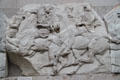 Panathenaic festival horsemen procession marble relief from north frieze of Athens Parthenon by Pheidias at British Museum. London, United Kingdom.