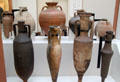 Collection of Greek & Roman Amphorae for oil or wine showing variety of shapes from Mediterranean world at British Museum. London, United Kingdom.