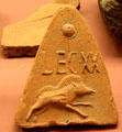 Antefix pottery tile marked with Roman army's 20th legion wild boar emblem from Holt, Clwyd at British Museum. London, United Kingdom.