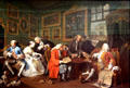 Arranging marriage between son of bankrupt earl to daughter of rich merchant from Marriage a-la-Mode series of paintings by William Hogarth at National Gallery. London, United Kingdom.