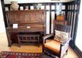 Arts & Crafts piano & bench by J.M. Young Co. of Camden, NJ plus arm chair, music cabinet & gramophone in Corbett House at Tucson Museum of Art. Tucson, AZ.