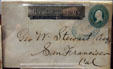 Envelope sent Sacramento to San Francisco bearing U.S. 3 cent stamp plus Wells Fargo frank at Wells Fargo Museum. Sacramento, CA.