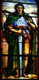 Stained glass window of centurion with sword in Memorial Church at Stanford University. Palo Alto, CA.