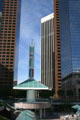 California Plaza plus looking to twin pair of brown prismatic Wells Fargo & KPMG Towers plus white ARCO Center. Los Angeles, CA.