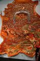 Rancho del Cielo tooled cowhide art of scenes from old west including an attack on a stage coach by Kazuyuki Nakajima at Reagan Museum. Simi Valley, CA.