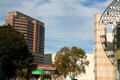 The Geffen Contemporary Art Gallery branch of MOCA beside Japanese American National Museum with Roybal Federal Building beyond. Los Angeles, CA.