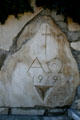 Inscribed cornerstone of Wayfarers Chapel. Rancho Palos Verdes, CA.