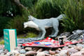 Big bad wolf trying to blow down piggy houses at Legoland California. Carlsbad, CA.