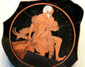 Greek terracotta red-figure wine cup with man dragging sacrificial goat with purple ribbons from Athens at Getty Museum Villa. Malibu, CA.