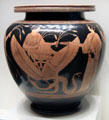 Greek terracotta red-figure mixing vessel with Triptolemos on snake-drawn chariot & Persephone from Athens at Getty Museum Villa. Malibu, CA.