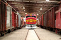 Car barn with Santa Fe locomotive 98 at Orange Empire Railway Museum. Perris, CA.