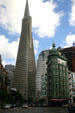 Transamerica Pyramid & Columbus Tower seen from Columbus. San Francisco, CA.