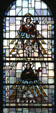 San Carlos Borromeo & San Diego de Alcala missions in stained glass at Mission Dolores. San Francisco, CA.