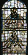 San Buenaventura & Santa Clara missions in stained glass at Mission Dolores. San Francisco, CA.