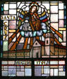 Santa Cruz mission in stained glass at Mission Dolores. San Francisco, CA.
