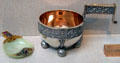 Two Russian-style Kovsh ladle cups in jade + gold with gems & silver both by Peter Carl Fabergé of Saint Petersburg at Legion of Honor Museum. San Francisco, CA.