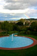 Marin County Civic Center pool with rainbow. Marin, CA.