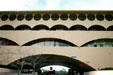 Marin County Civic Center building arches over roadway. Marin, CA.