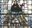 Stained glass detail of San Diego de Alcala Mission. CA.