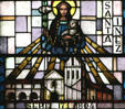 Stained glass detail of Santa Ines Mission. CA.