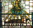 Stained glass detail of San Juan Bautista Mission. CA.