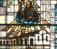 Stained glass detail of San Juan Capistrano Mission. CA.