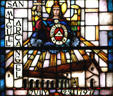 Stained glass detail of San Miguel Archangel Mission. CA.