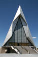 End view of USAF Academy Chapel recall swept wings of a fighter jet. Colorado Springs, CO.