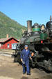 Engineer greets visitors at Georgetown Loop Railroad, Silver Plume, CO