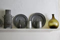 Pewter plates & mugs with water heater at Oliver Ellsworth Homestead Museum. Windsor, CT.