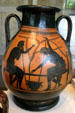 Greek terracotta black-figure vase showing two men playing a board game in Yale Art Gallery. New Haven, CT.