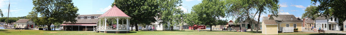 Panorama of village green at Mystic Seaport. Mystic, CT.