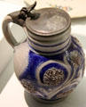 English stoneware tankard with Queen Anne insignia at Mattatuck Museum. Waterbury, CT.
