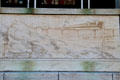Art Deco frieze of 1930s steam train on Waterbury Post Office. Waterbury, CT.