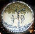 Earthenware charger with Adam & Eve from Netherlands at Yale University Art Gallery. New Haven, CT.