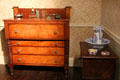 Desk & washstand with Pearlware pitcher & basin in Illinois period bedroom at DAR Memorial Continental Hall. Washington, DC.