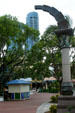 Cascade Arch sculpture by Barry Tinsley over Riverwalk pedestrian promenade. Fort Lauderdale, FL.