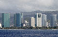 Hokua , round Nauru , 1350 Ala Moana , black & white Hawaiki , & twin oval Moana Pacific Towers. Honolulu, HI.