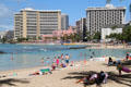Sheraton & Royal Hawaiian Hotels over Waikiki Beach. Waikiki, HI.