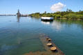 Looking along what was Pearl Harbor's battleship row to Battleship Missouri from USS Arizona Memorial. Honolulu, HI.