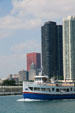 Shoreline sightseeing boat at mouth of Chicago River from Navy Pier. Chicago, IL.