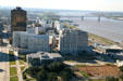 View of Baton Rouge from Capitol observation deck with Interstate 10 bridge, black One American Place tower & various state office buildings. Baton Rouge, LA