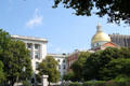 Wing of Massachusetts State House seen over Boston Common. Boston, MA.